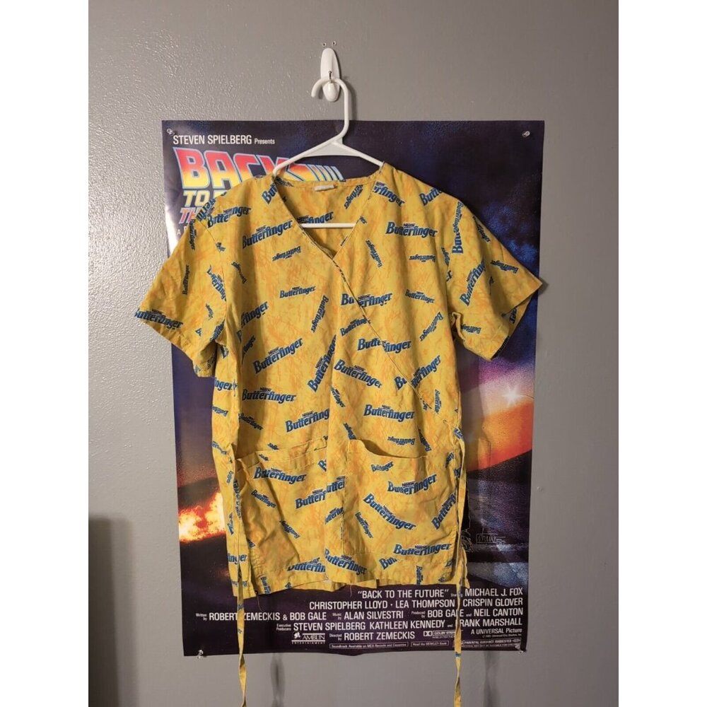 Nestle Butterfinger Women's Nurse Scrub Top Size S Pockets Tie Waist